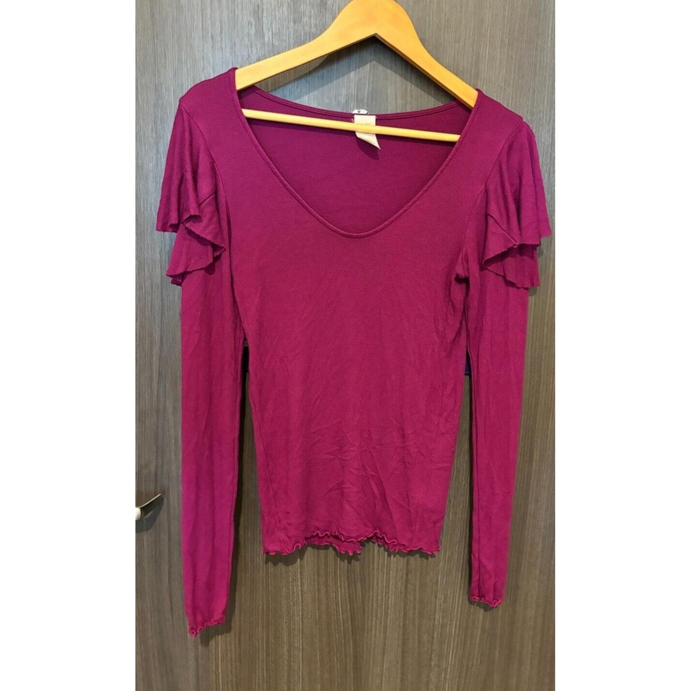 Free People Top Women's Small Purple 100% Cotton Ruffle Shoulder ribbed purple